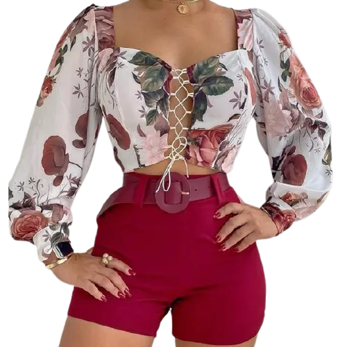 Floral Print V Neck Top & Shorts Set