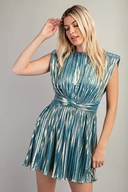 GM Shoulder Pad Metallic Pleated Dress