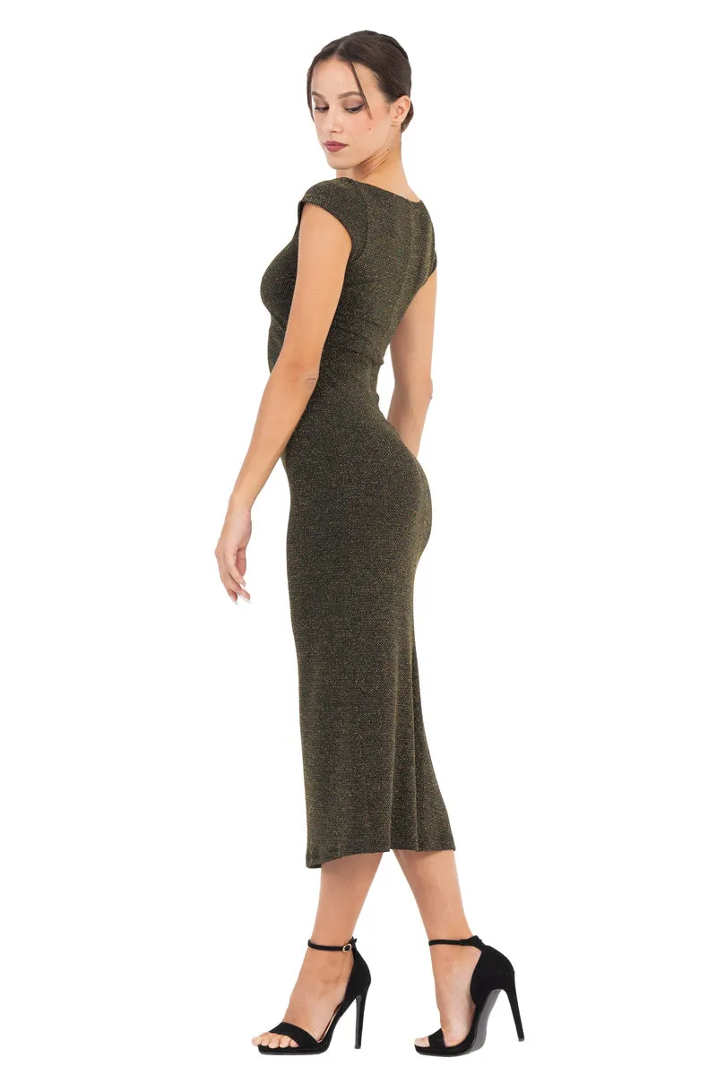 Gold Shiny V-neck Midi Dress With High Side Slit