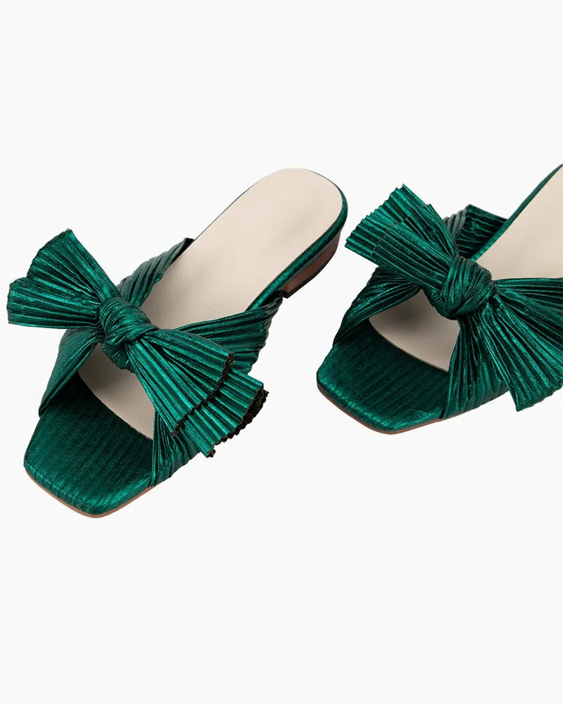 Green Pleated Bow Open Toe Flat Sandals