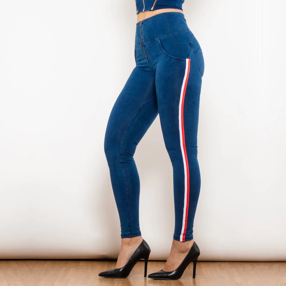 High Waist Dark Thread Dark Blue Jeans with Stripe