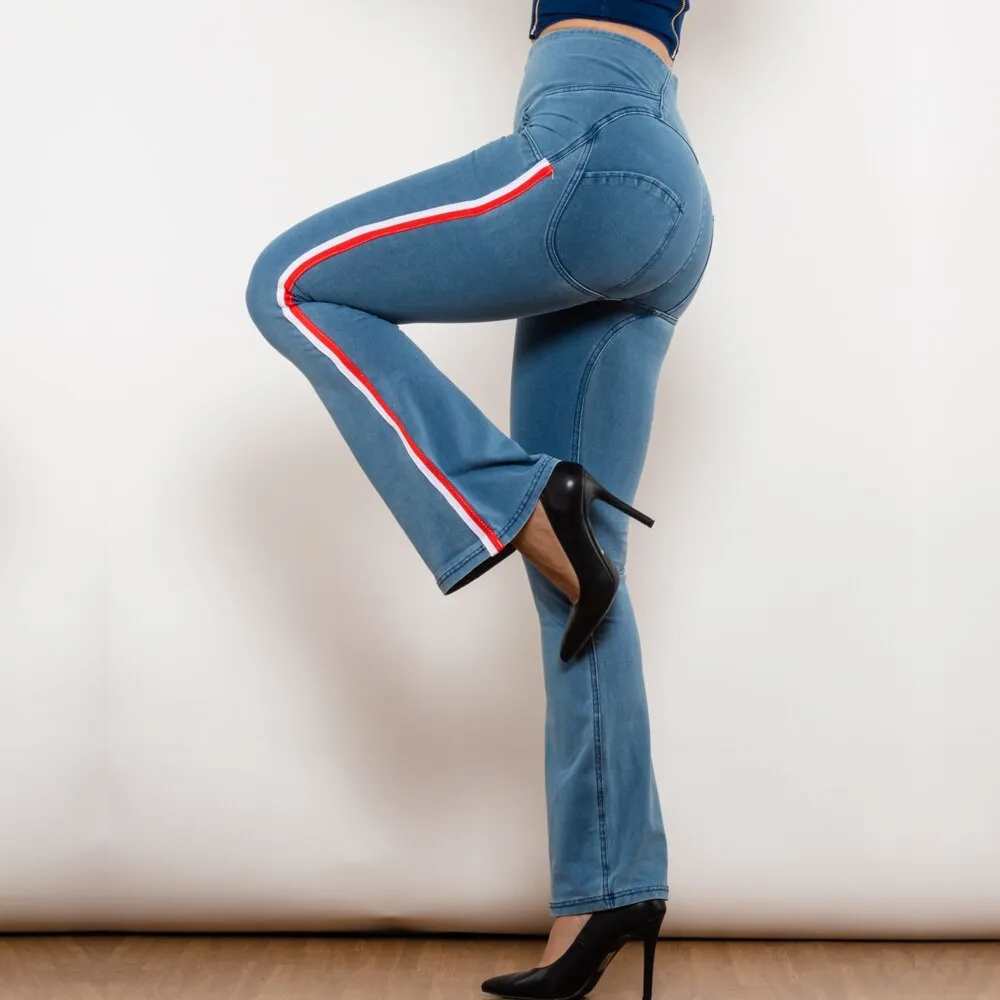 High Waist Dark Thread Light Blue Flare Jeans with Stripe