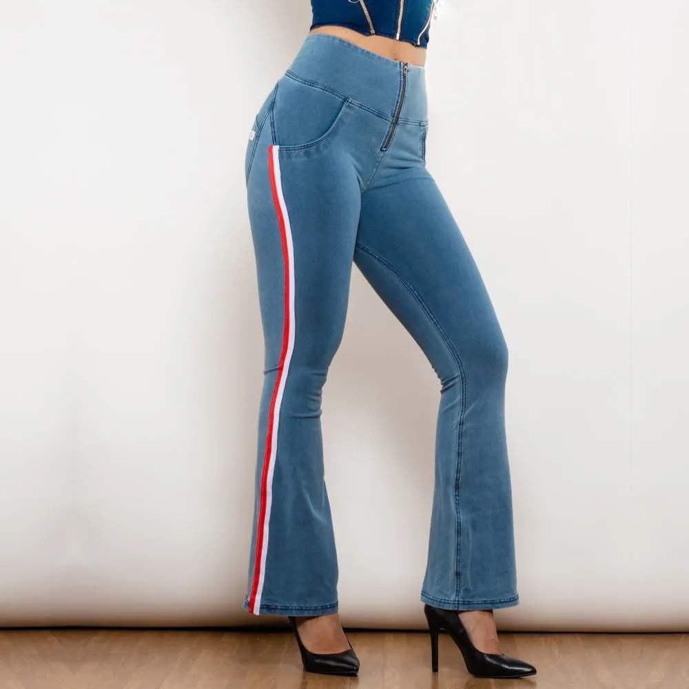 High Waist Dark Thread Light Blue Flare Jeans with Stripe