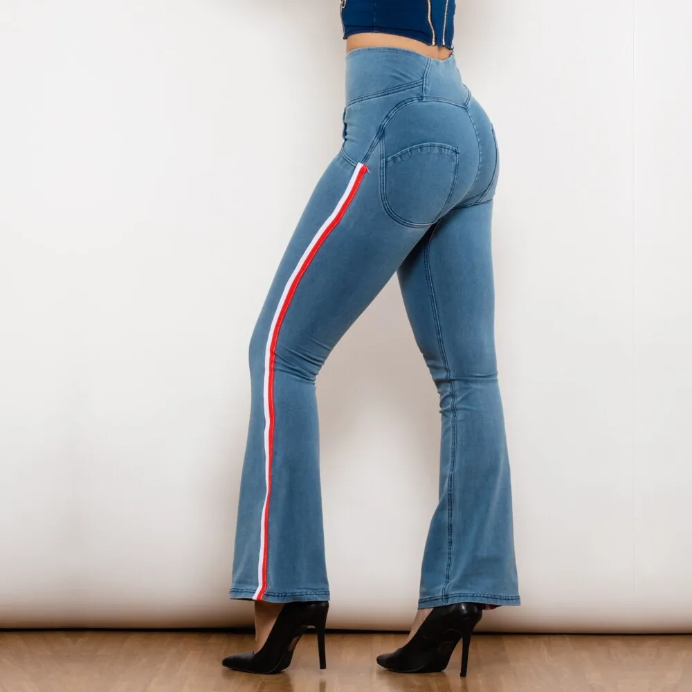 High Waist Dark Thread Light Blue Flare Jeans with Stripe