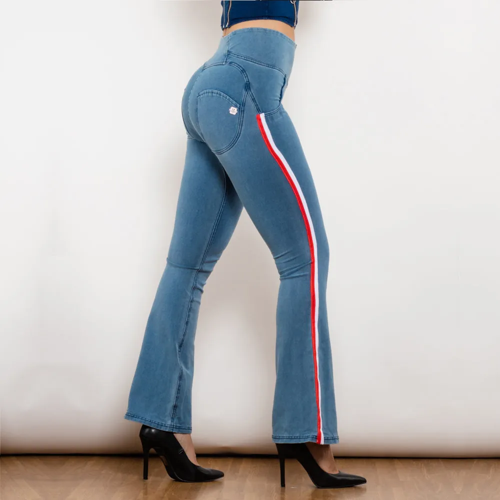 High Waist Dark Thread Light Blue Flare Jeans with Stripe