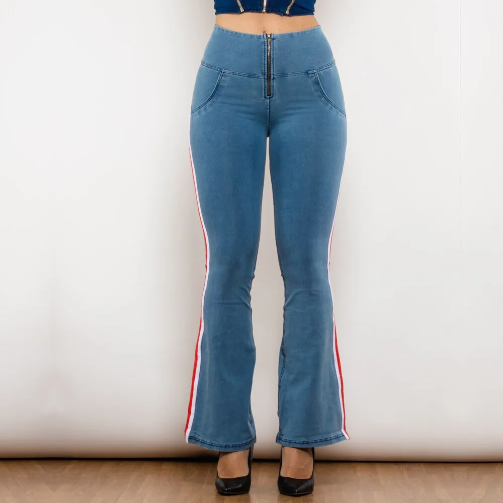 High Waist Dark Thread Light Blue Flare Jeans with Stripe