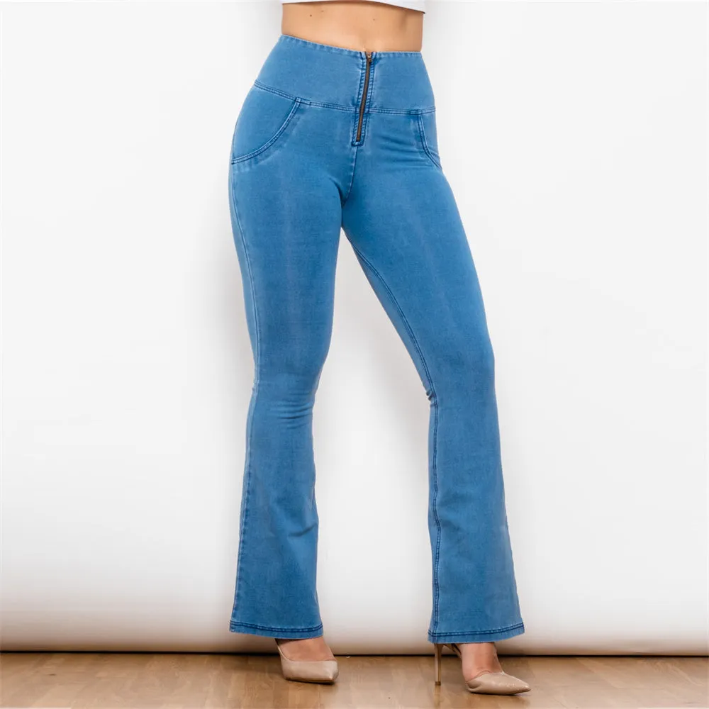 High Waist Dark Thread Light Blue Flare Jeans