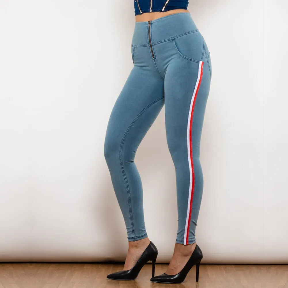 High Waist Dark Thread Light Blue Jeans with Stripe