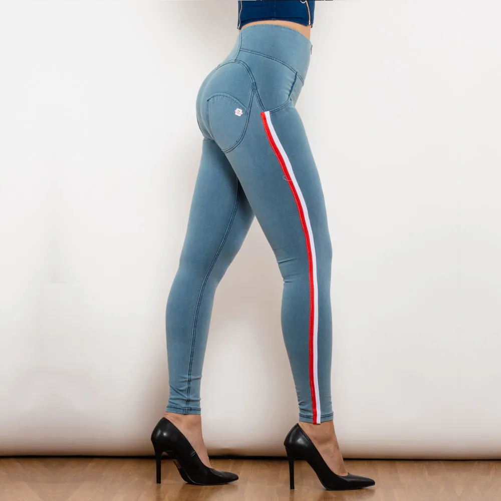 High Waist Dark Thread Light Blue Jeans with Stripe