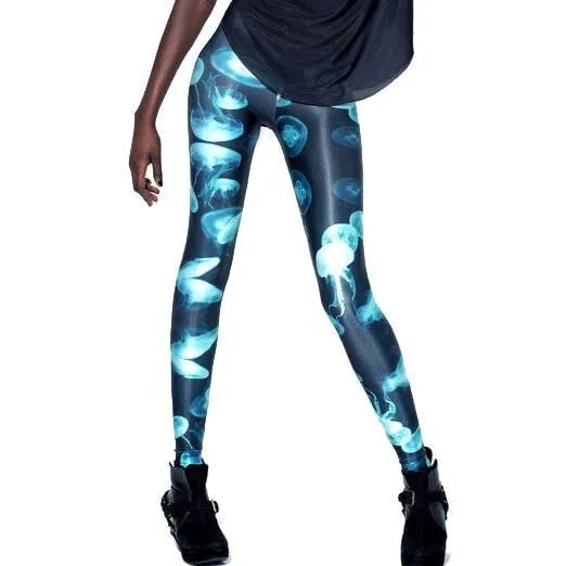 Jellyfish Digital Print Comfortable Stretch Leggings for Women in Shades of Blue