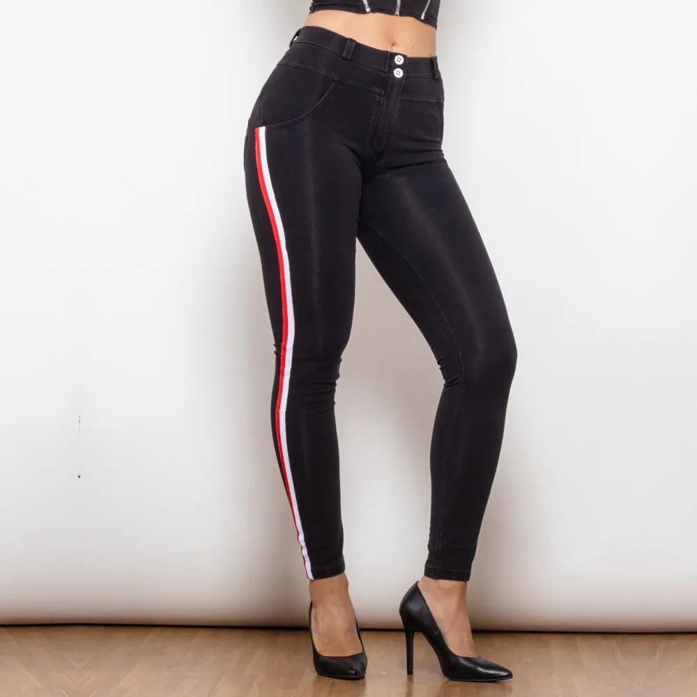 Middle Waist Dark Thread Black Jeans with White&Red Stripe