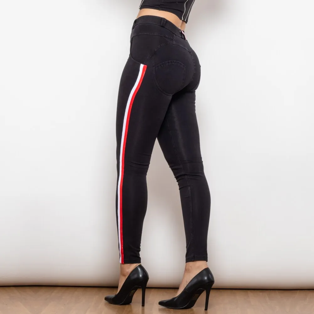 Middle Waist Dark Thread Black Jeans with White&Red Stripe