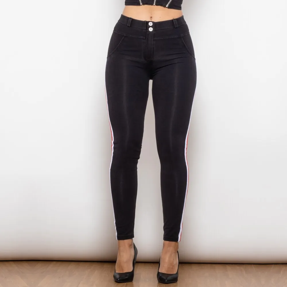 Middle Waist Dark Thread Black Jeans with White&Red Stripe