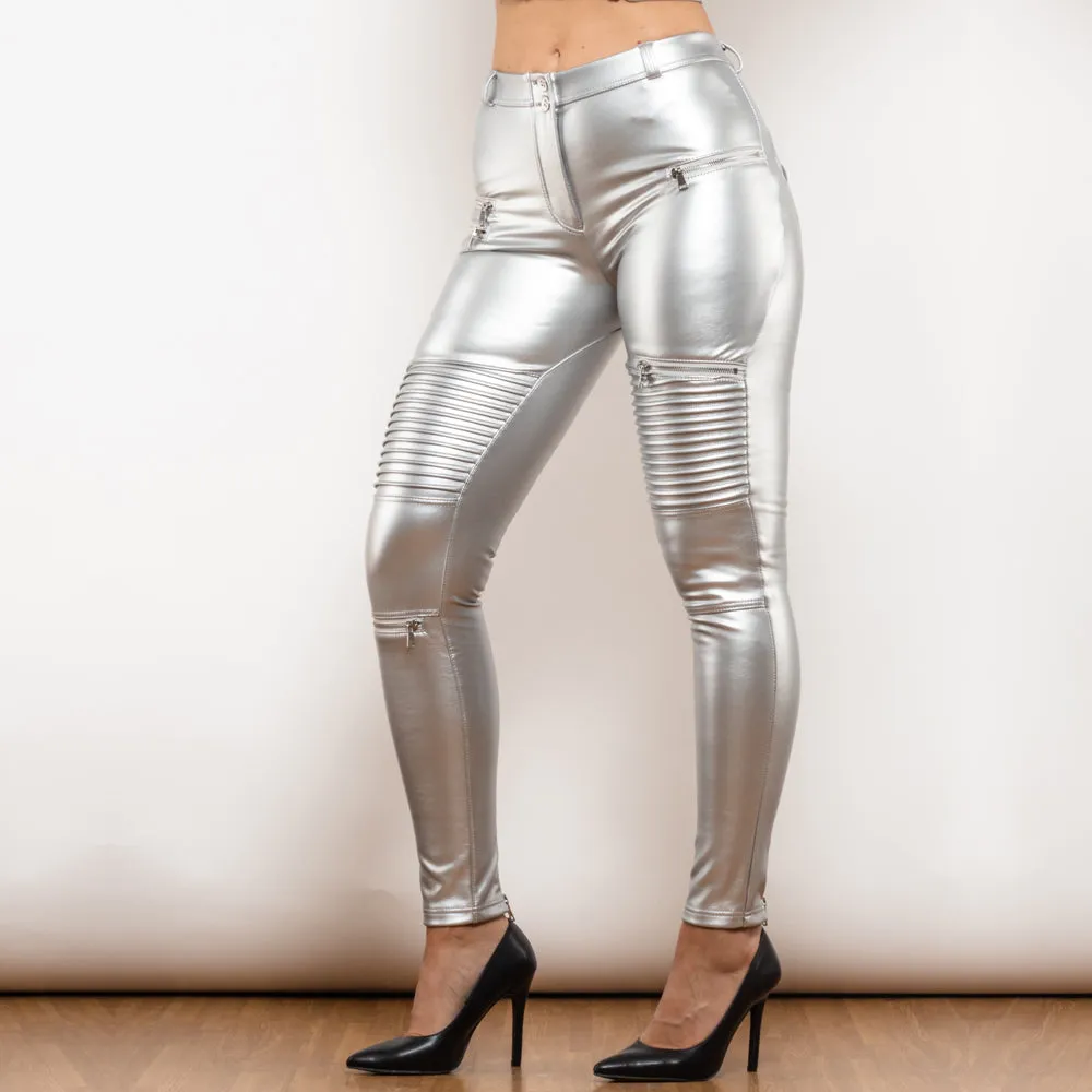 Middle Waist Silver Motor Leather Pants