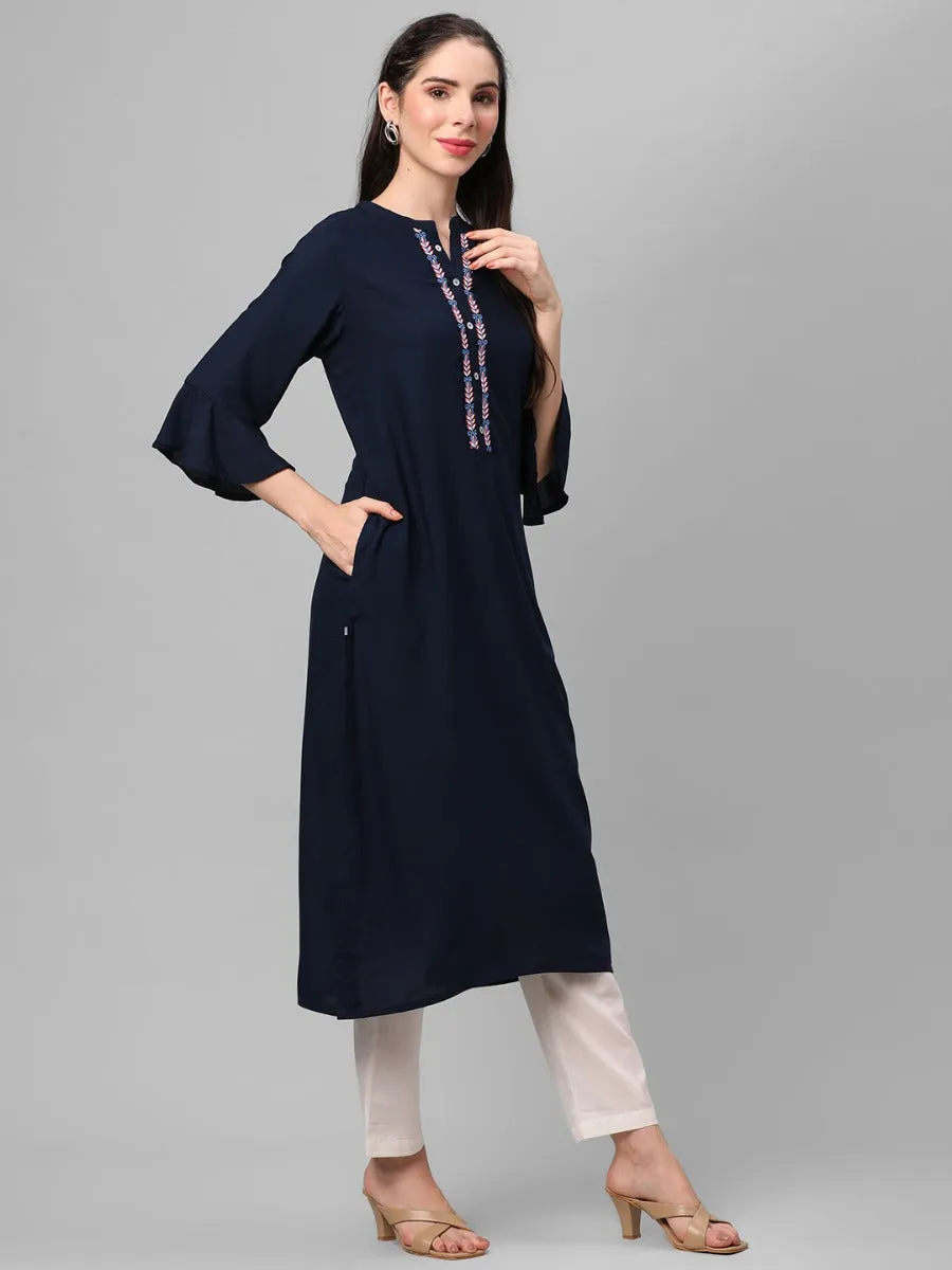 Navy Blue Embroidered Mandarin Collar Kurta