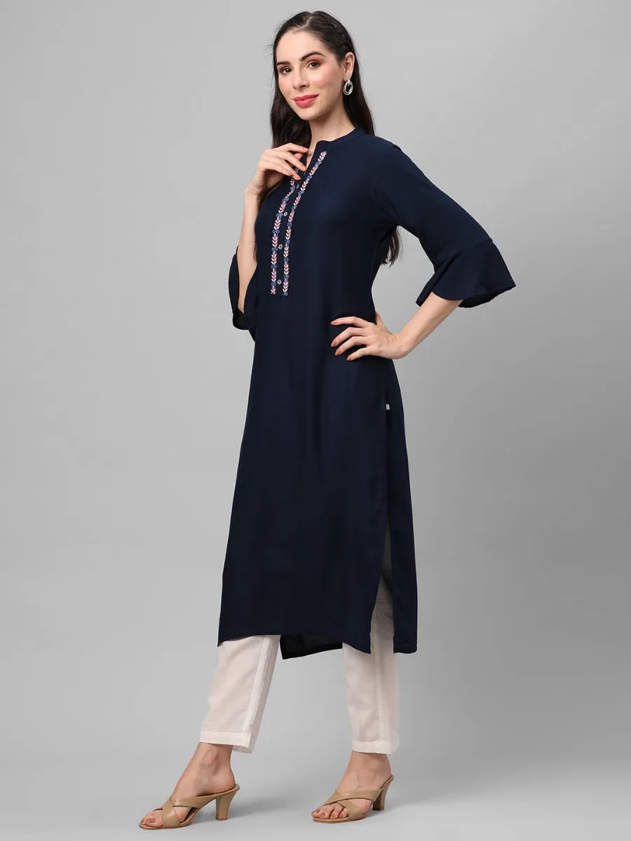 Navy Blue Embroidered Mandarin Collar Kurta