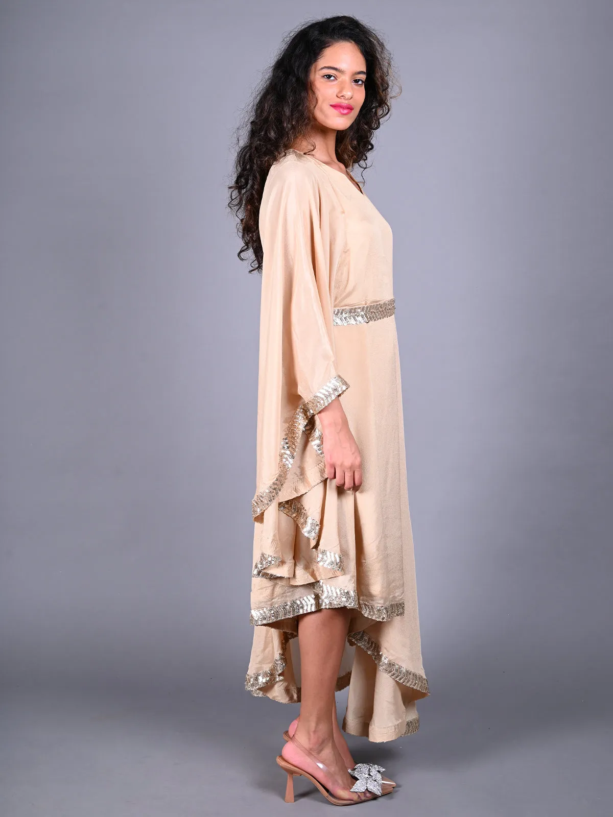 Odette Beige Sequins Embroidered Crepe Dress for Women