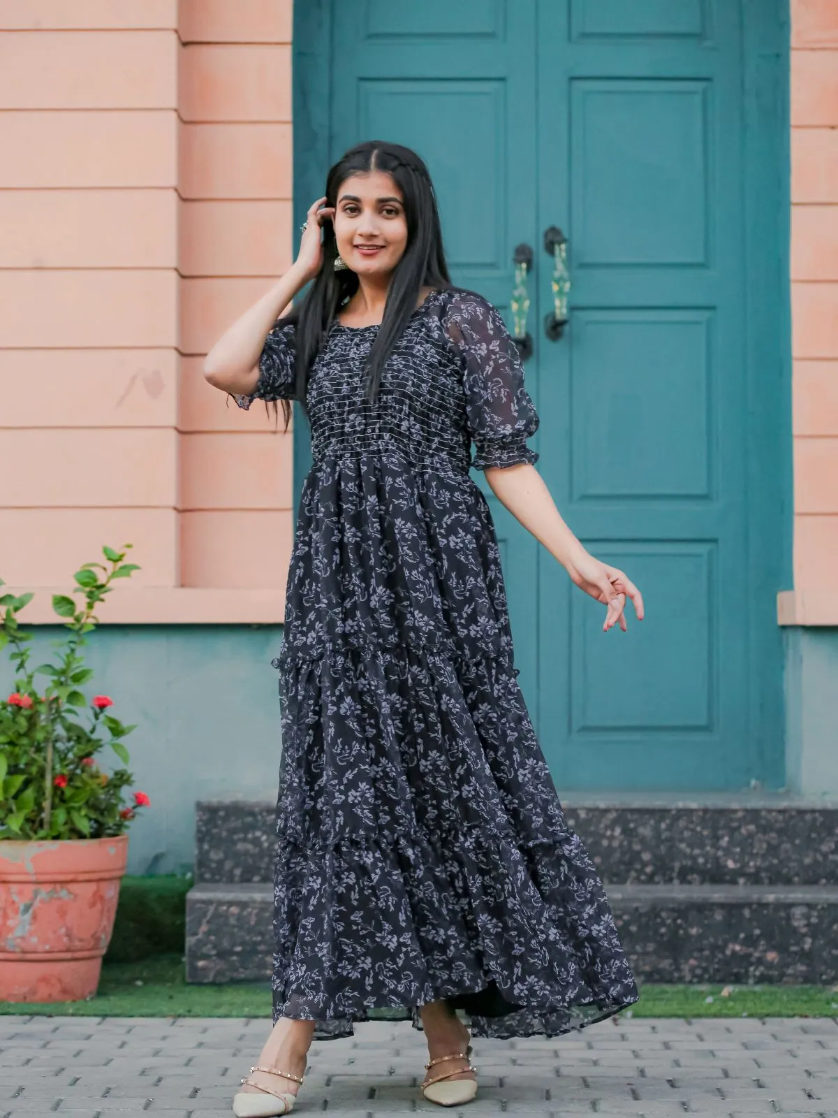 Odette Black Chiffon Stitched Printed Indo Western Dress For Women