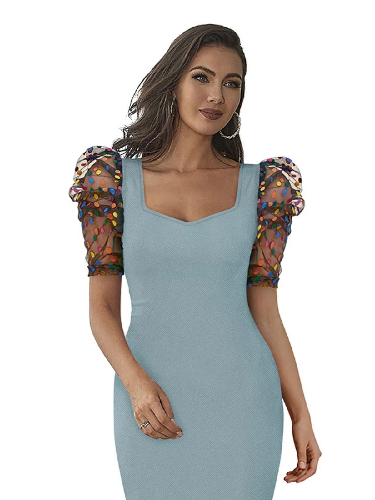 Odette Blue Bodycon Knit Fabric Dress For Women