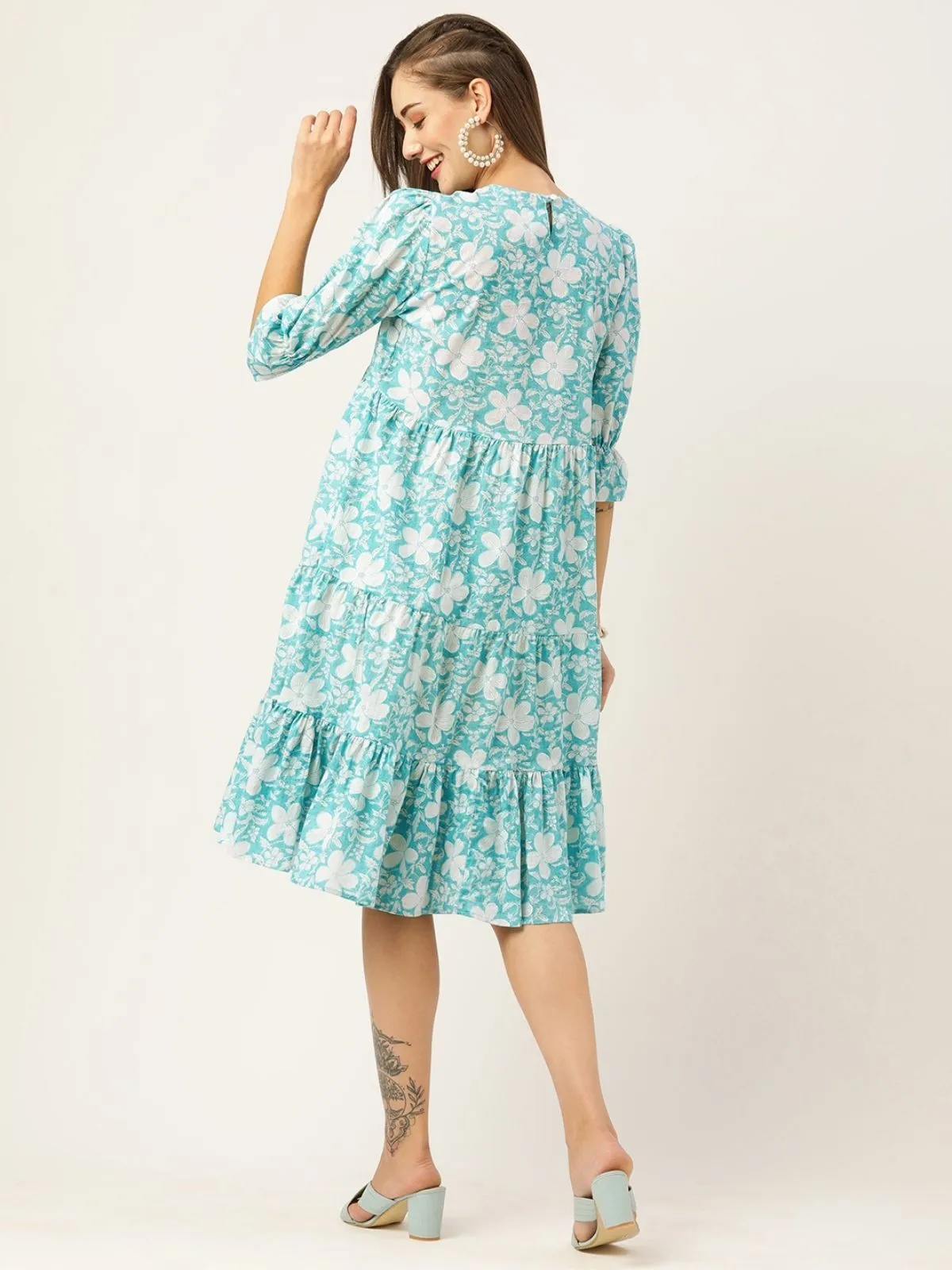 Odette Blue Cotton Printed Stitched Indo Western Dress For Women