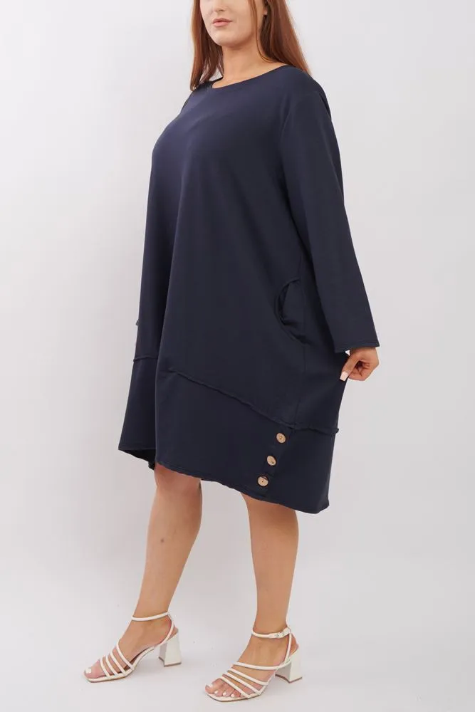 Plain Button Detail Hem Cotton Dress