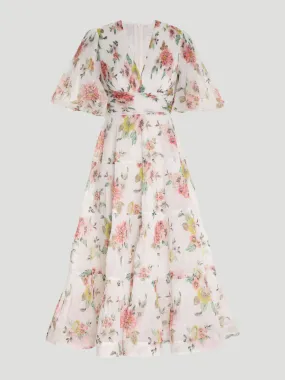 Pleated Midi Dress in Ivory Floral