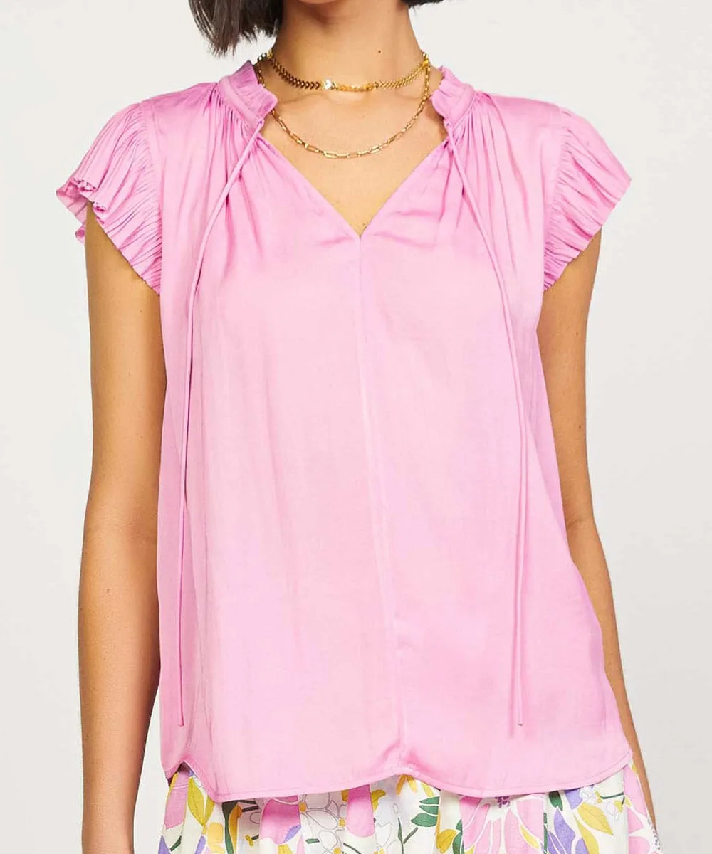 Pleated Short Sleeve Blouse - Pink