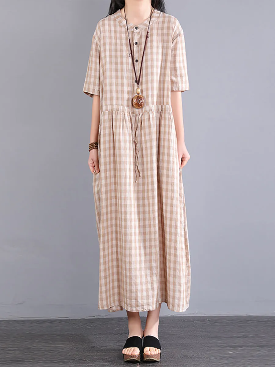 Plus Size Women Casual Plaid Summer Cotton Linen Dress SC1061