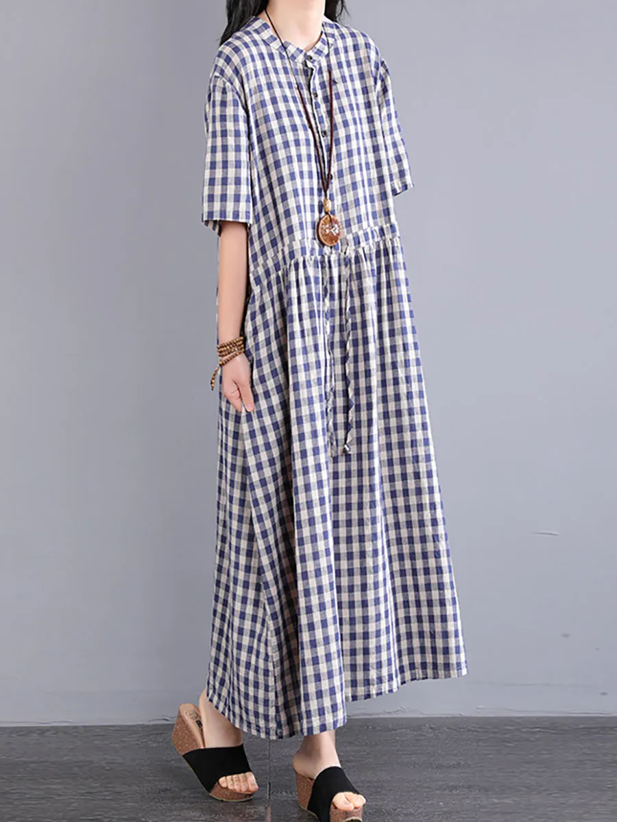 Plus Size Women Casual Plaid Summer Cotton Linen Dress SC1061