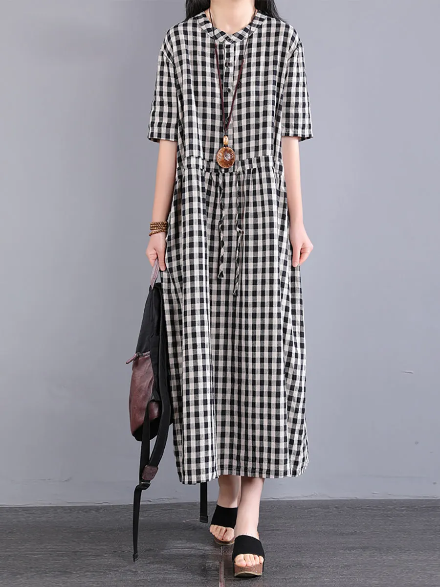 Plus Size Women Casual Plaid Summer Cotton Linen Dress SC1061