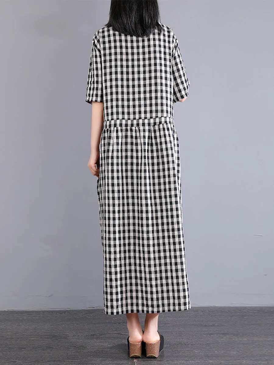 Plus Size Women Casual Plaid Summer Cotton Linen Dress SC1061