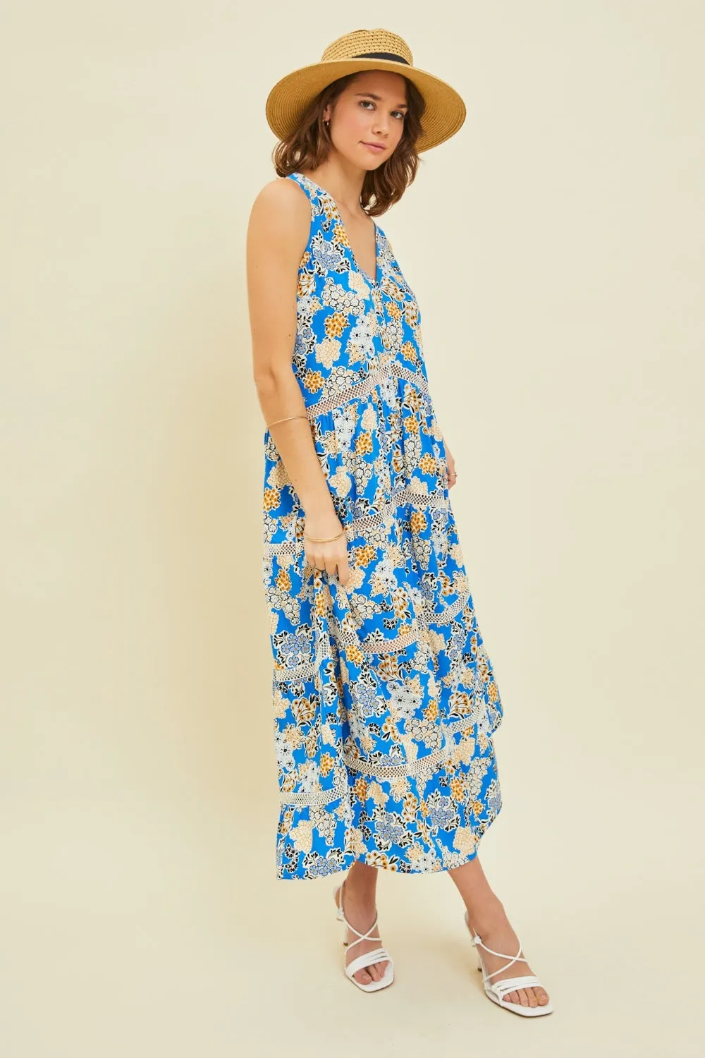 Pool Blue Floral Full Size Printed Crochet Trim Maxi Dress