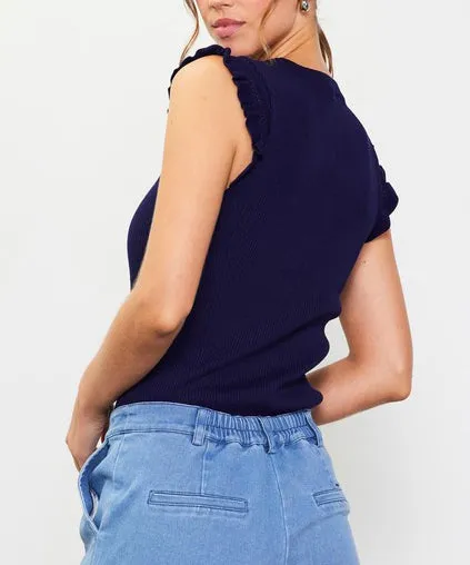 Ruffle Sleeve Knit Top - Navy