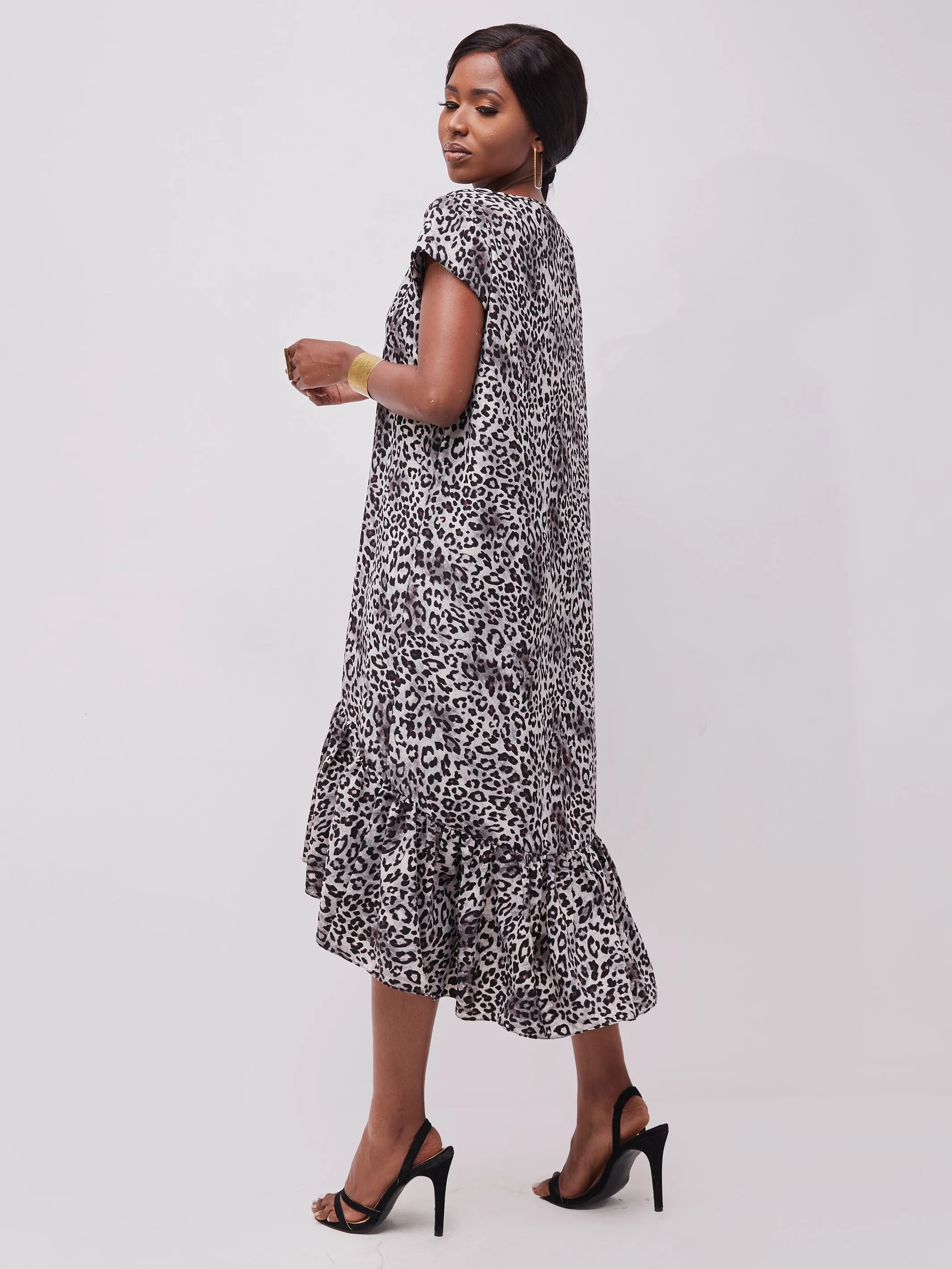 Safari Ayana Cap Sleeved High Low Tent Dress - Grey Cheetah Print