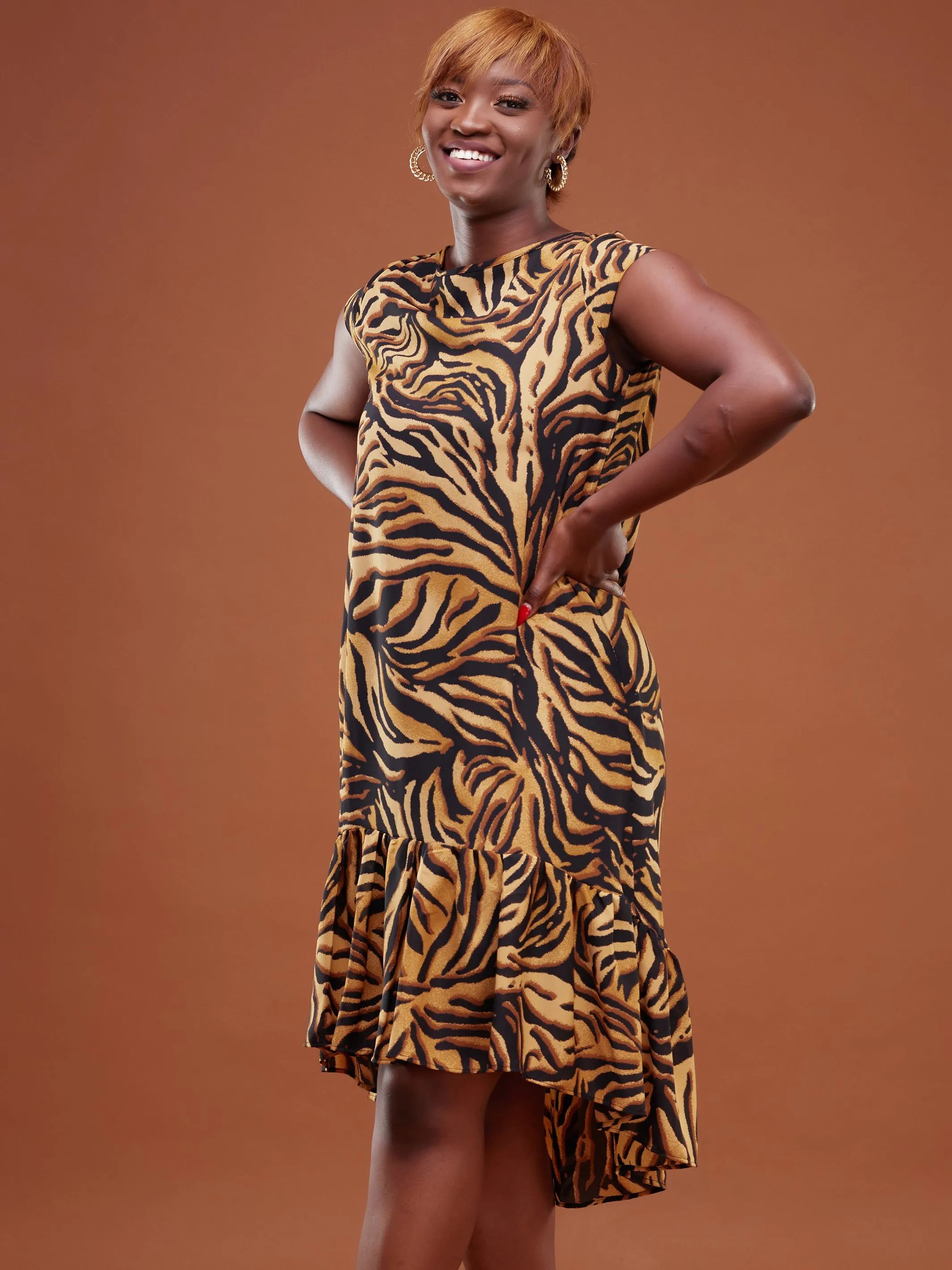 Safari Ayana Cap Sleeved High Low Tent Dress - Rust Tiger Print