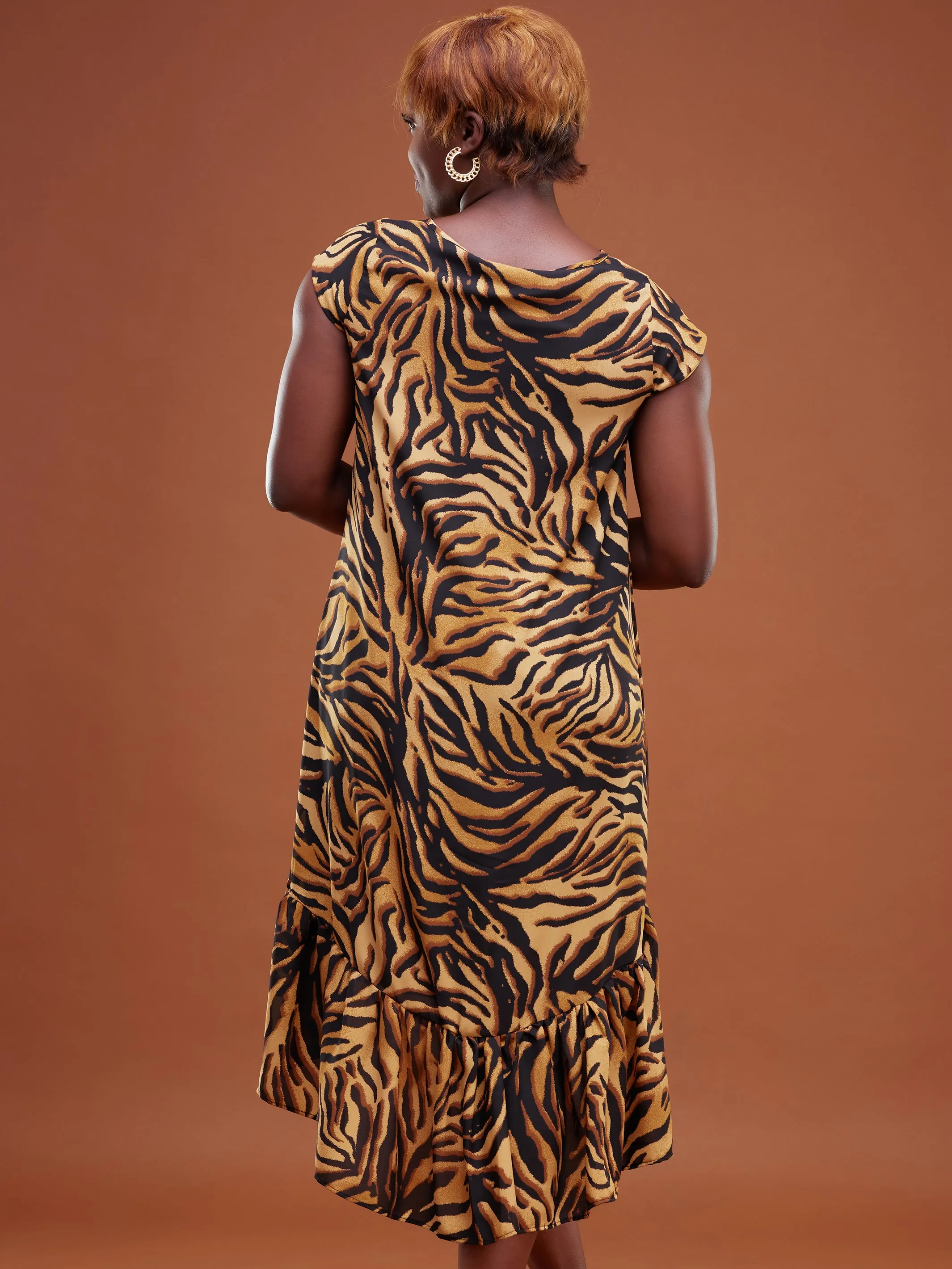 Safari Ayana Cap Sleeved High Low Tent Dress - Rust Tiger Print