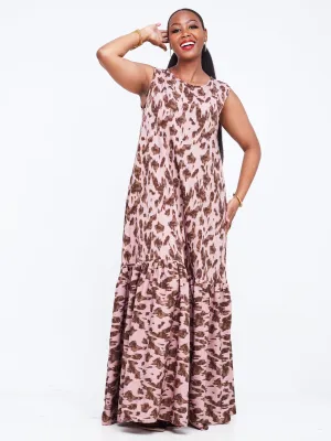 Safari Ayana Sleeveless Maxi Dress - Pink / Brown Animal Print