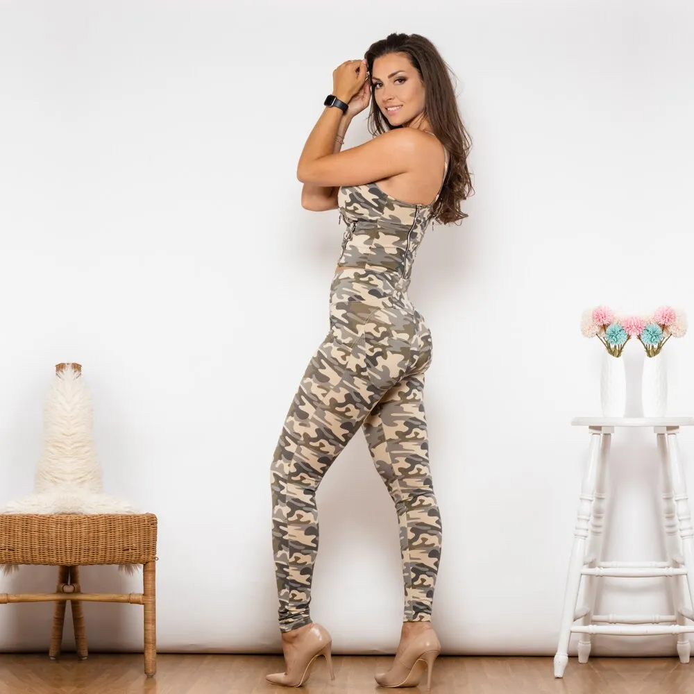 Shaper 2 Pieces Set High Waist Sand Camo Leggings Set Sexy Jeggings Set Sculpted Bodysuit