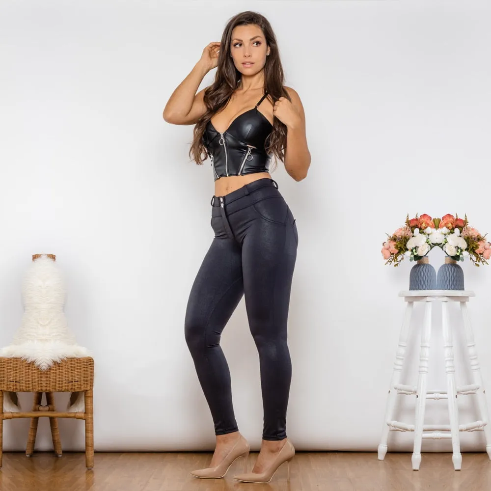 Shaper Set Black Pu Leather Body Shaper Zipper Crop Top Crackle Black Coated Middle Waist Lifting Pants Set