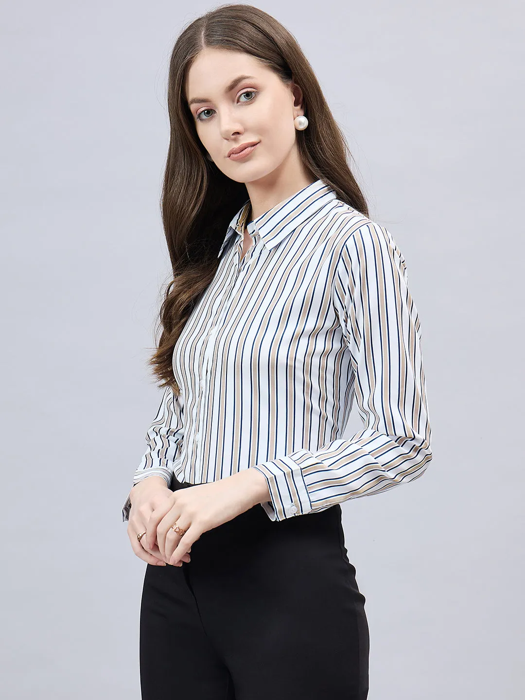 Style Quotient Women Beige and Navy Stripe Printed Regular Fit Polyester Formal Shirt