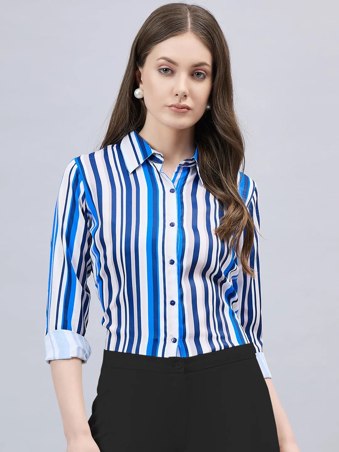 Style Quotient Women Blue And Multi Stripe Printed Polyester Regular Fit Formal Shirt