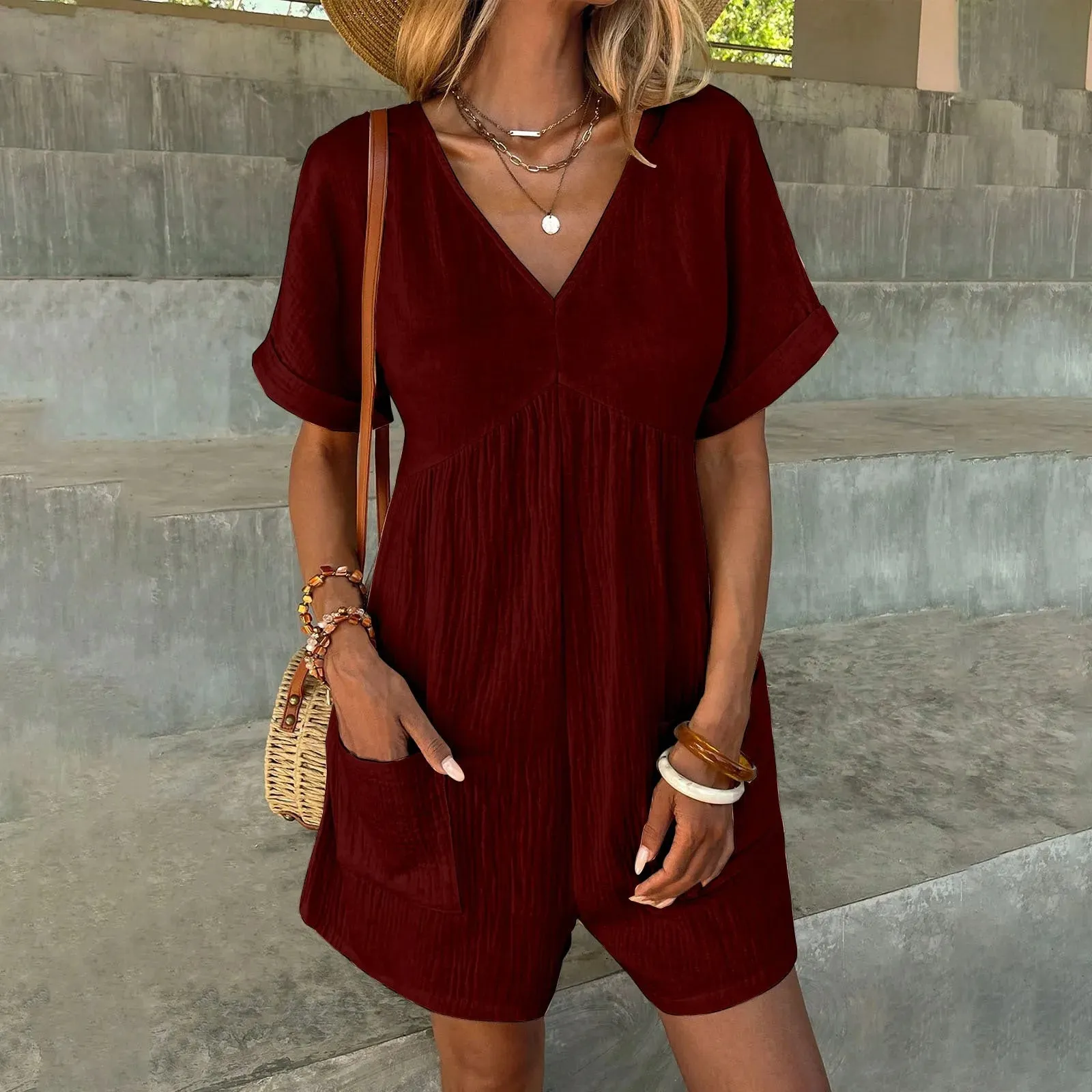 Summer Casual Overalls For Women Loose Ruched Short Sleeve V Neck Shorts Jumpsuits With Pockets Rompers Solid Bib Overall