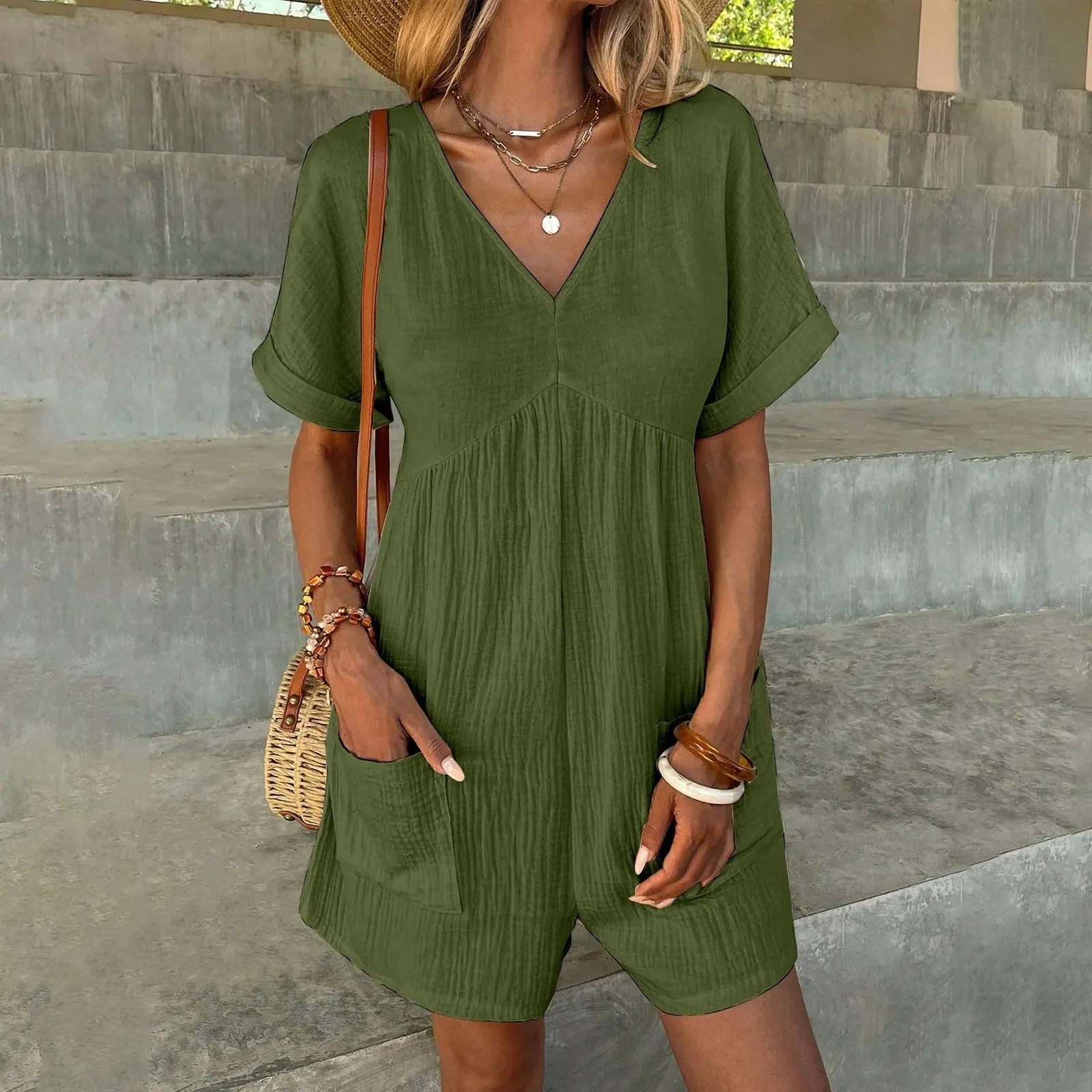 Summer Casual Overalls For Women Loose Ruched Short Sleeve V Neck Shorts Jumpsuits With Pockets Rompers Solid Bib Overall