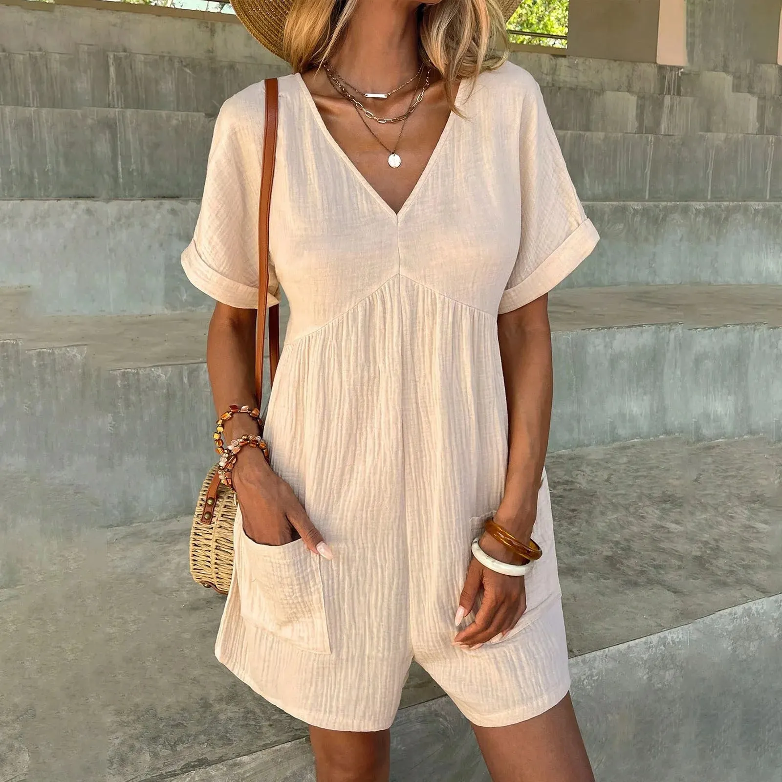 Summer Casual Overalls For Women Loose Ruched Short Sleeve V Neck Shorts Jumpsuits With Pockets Rompers Solid Bib Overall