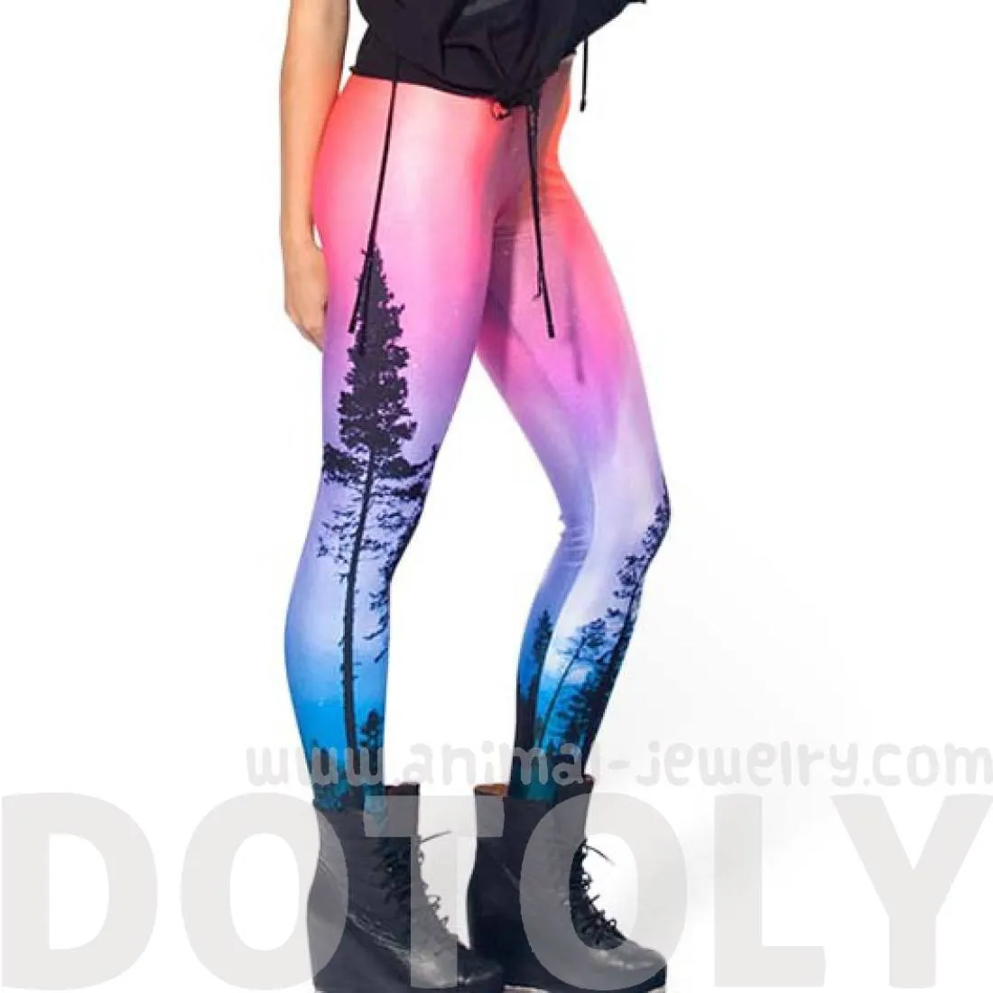 Tree Silhouette on Pink Nebula Sky Gradient Ombre Digital Print Legging Pants for Women