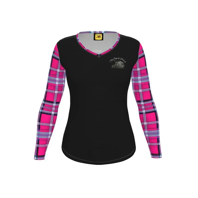 TRP Twisted Patterns 06: Digital Plaid 01-04A Ladies Designer V-neck Slim Fit Long Sleeve Jersey T-shirt