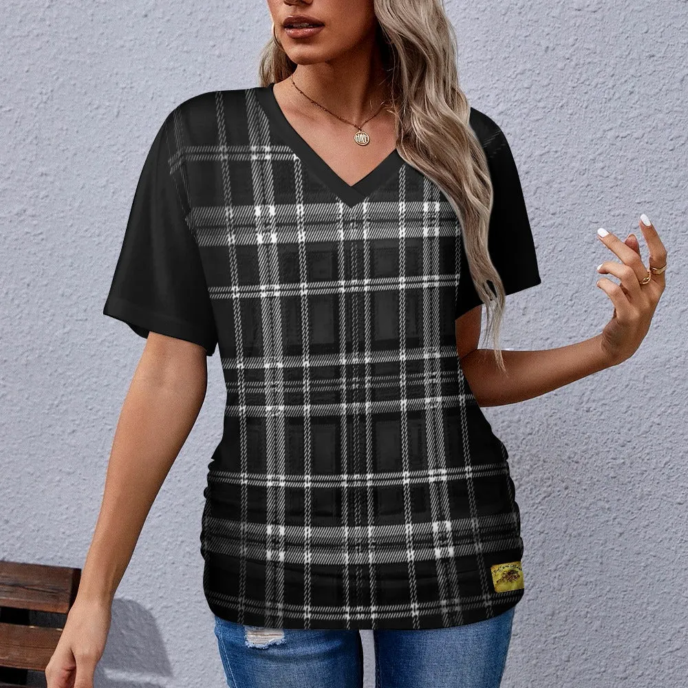 TRP Twisted Patterns 06: Digital Plaid 01-06A Ladies Designer V-neck Pleated T-shirt