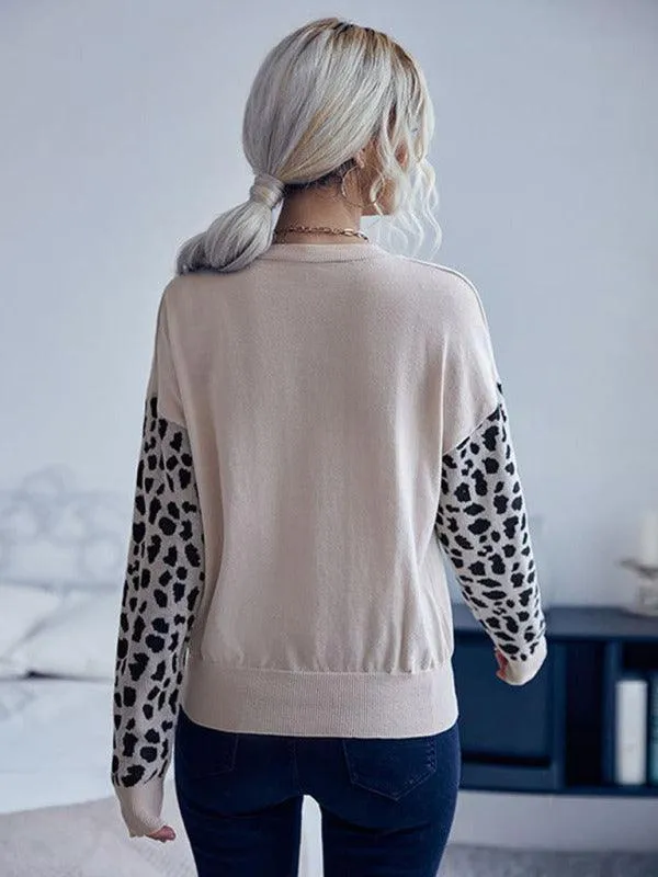 V-Neck Knitted Sweater Top Women With Wild Print Sleeves