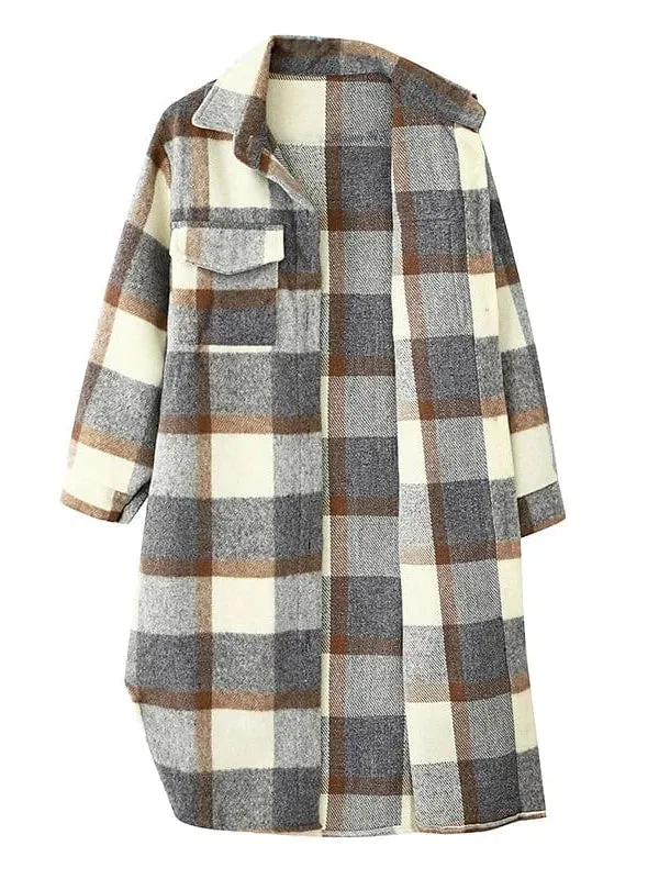 Winter Plaid Wool Blend Shacket Jacket for Women