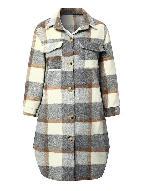 Winter Plaid Wool Blend Shacket Jacket for Women